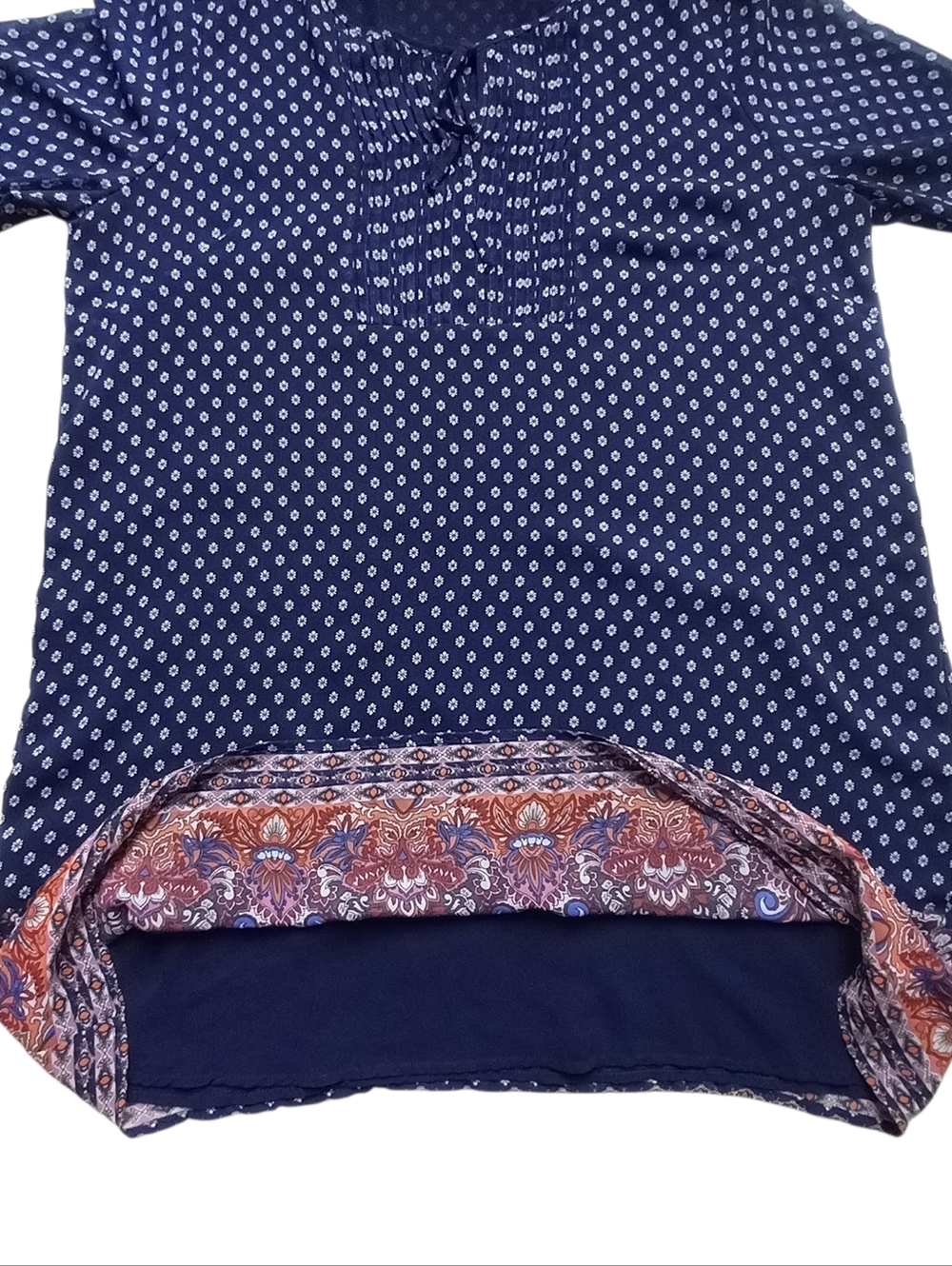 Long Tall Sally Boho Tunic Top Blue Size 16 Peasant Cottagecore Paisley Border - Picture 8 of 12